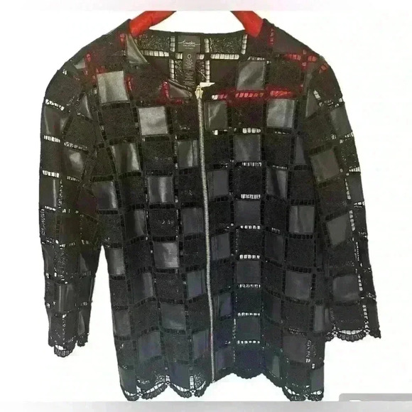 Travelers by Chicos Jacket Full Zip Sheer Faux Leather Patchwork Navy Blue Size0 - Picture 1 of 5